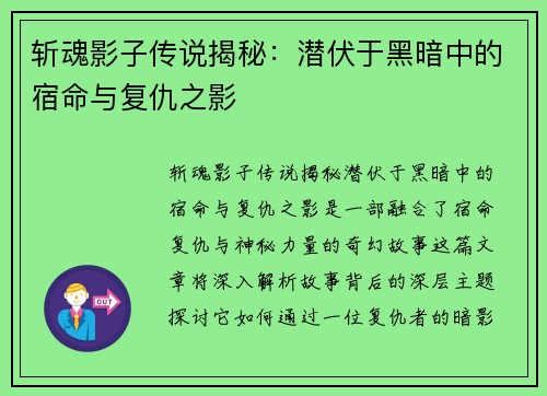 斩魂影子传说揭秘：潜伏于黑暗中的宿命与复仇之影